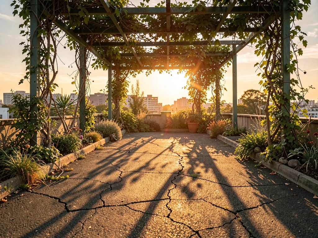 Long shadows from a wild rooftop garden's trellis stretch across cracked tar in 