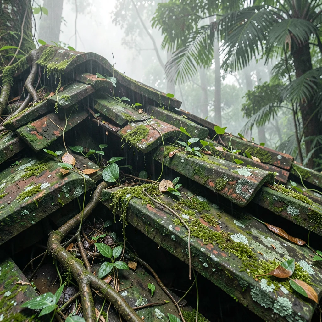 Tropical weathered surfaces, humid atmosphere, Roof tiles displaced by tree root