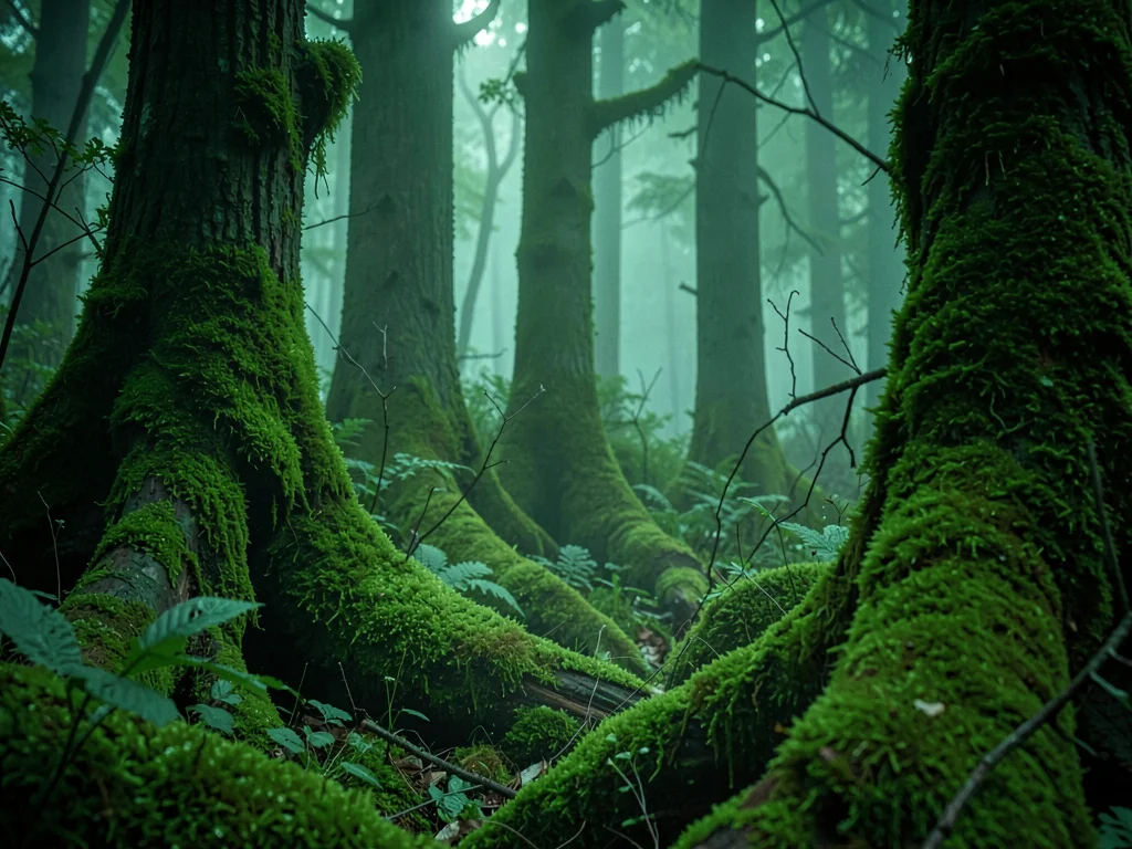 Moss in low light glowing with ambient