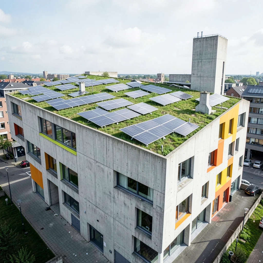 Post-war reconstruction modernism, Rotterdam radical geometry, Solar panels form