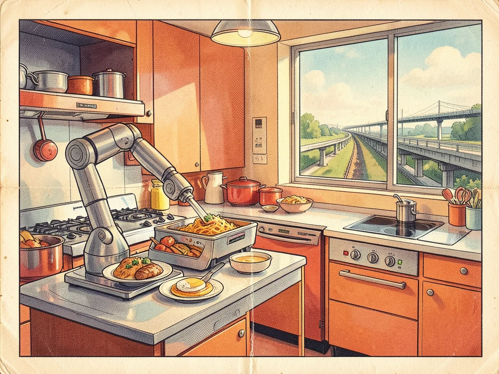 A futuristic kitchen of tomorrow: a robot arm serving breakfast, push-button mea