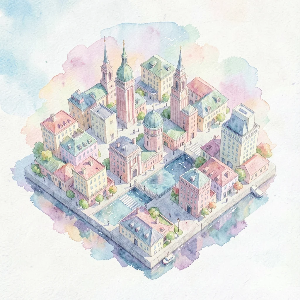 Painterly motion-design style frame of a rotating isometric cityscape in pastel 