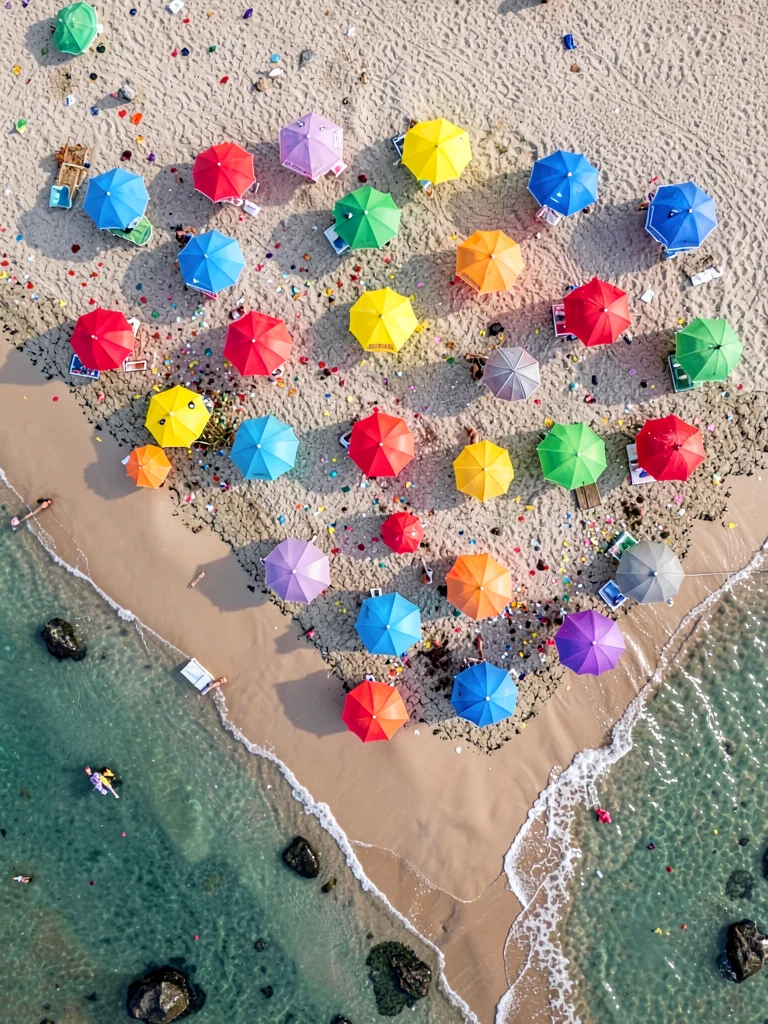 A Mediterranean beach from directly above, colorful umbrellas scattered like con