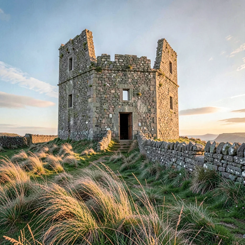 a Scottish island broch at clear morning, drystone walls weathered, salt grass t