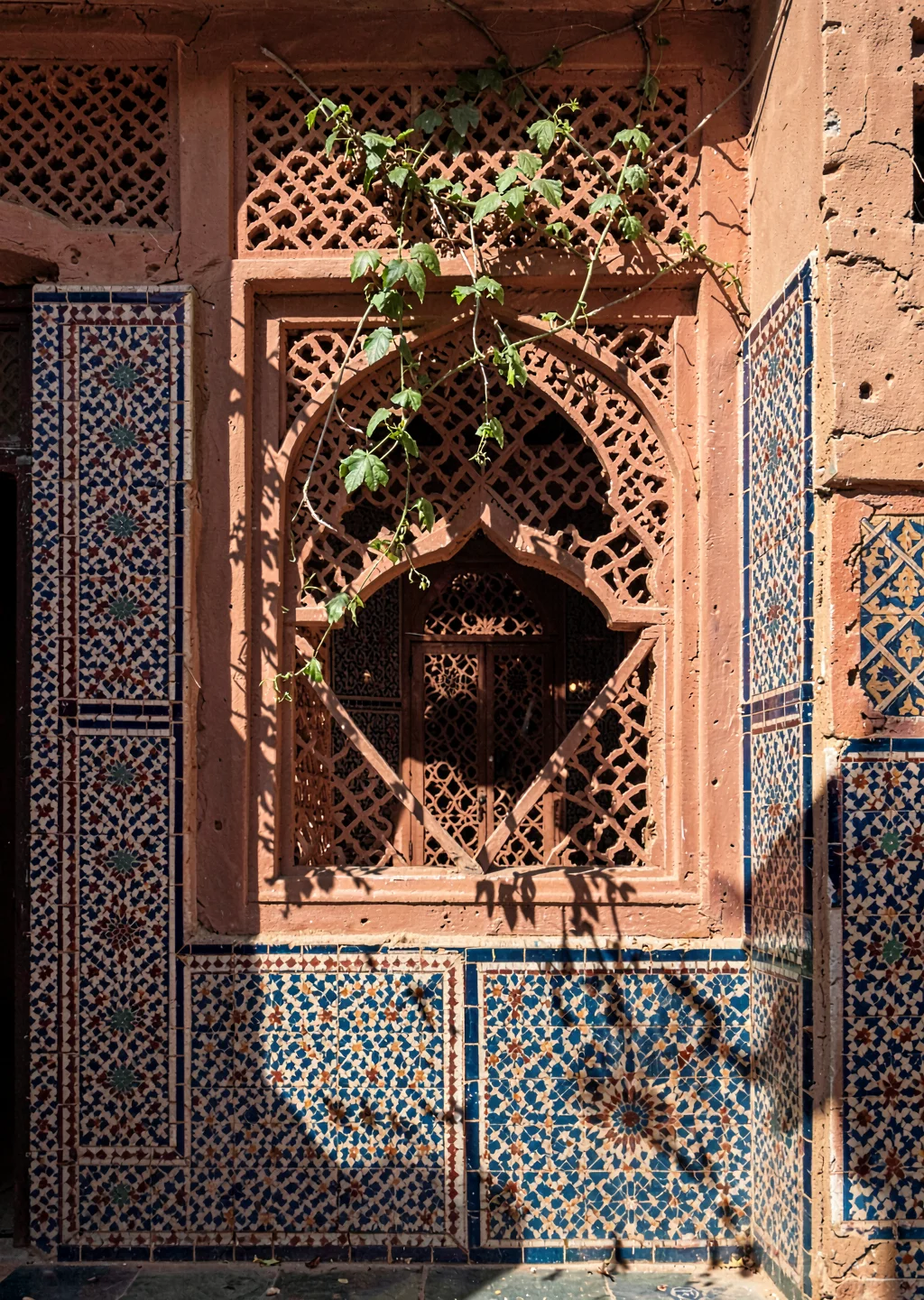 Geometric shadow play in Marrakech medina, carved plaster window frame with jasm