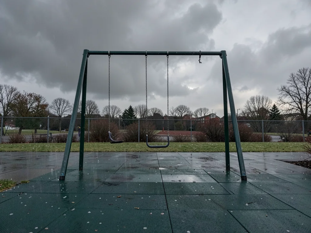 An empty playground under heavy grey sky, a single swing still moving from its l