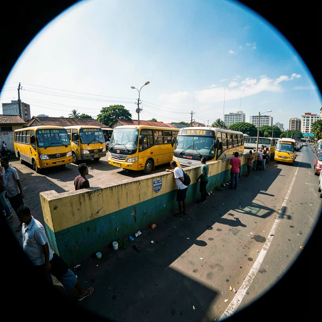 Harsh equatorial noon light casting deep shadows, Motor park with yellow danfo b