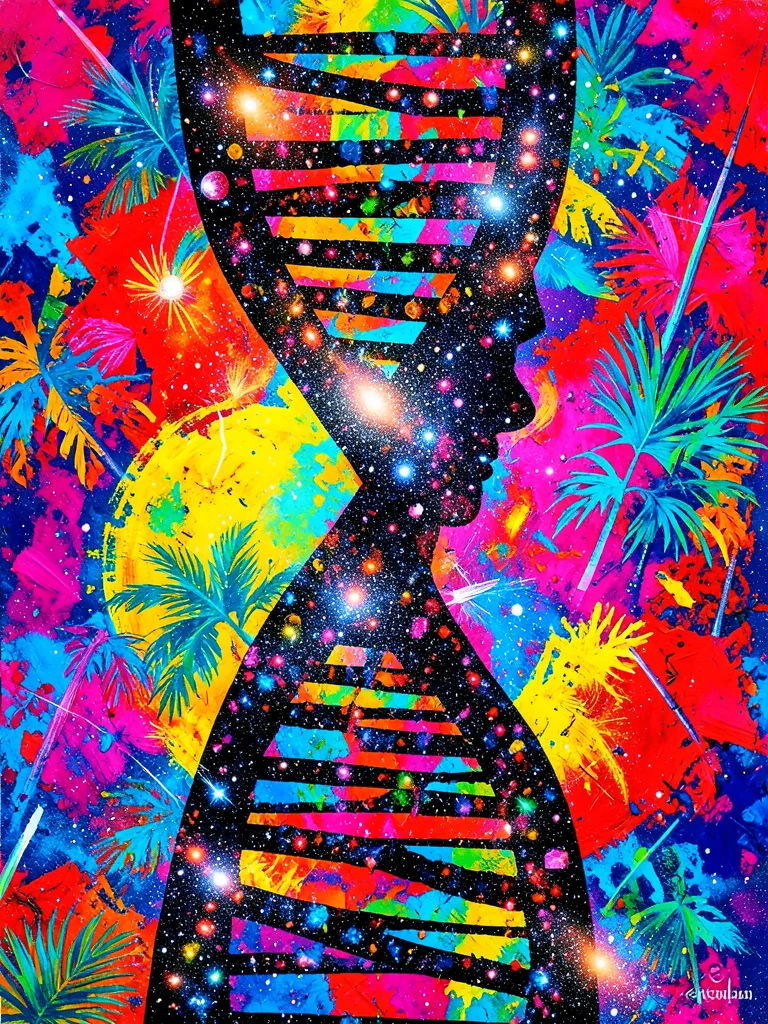 DNA helix silhouette filled with galaxy clusters and cosmic dust, double exposur