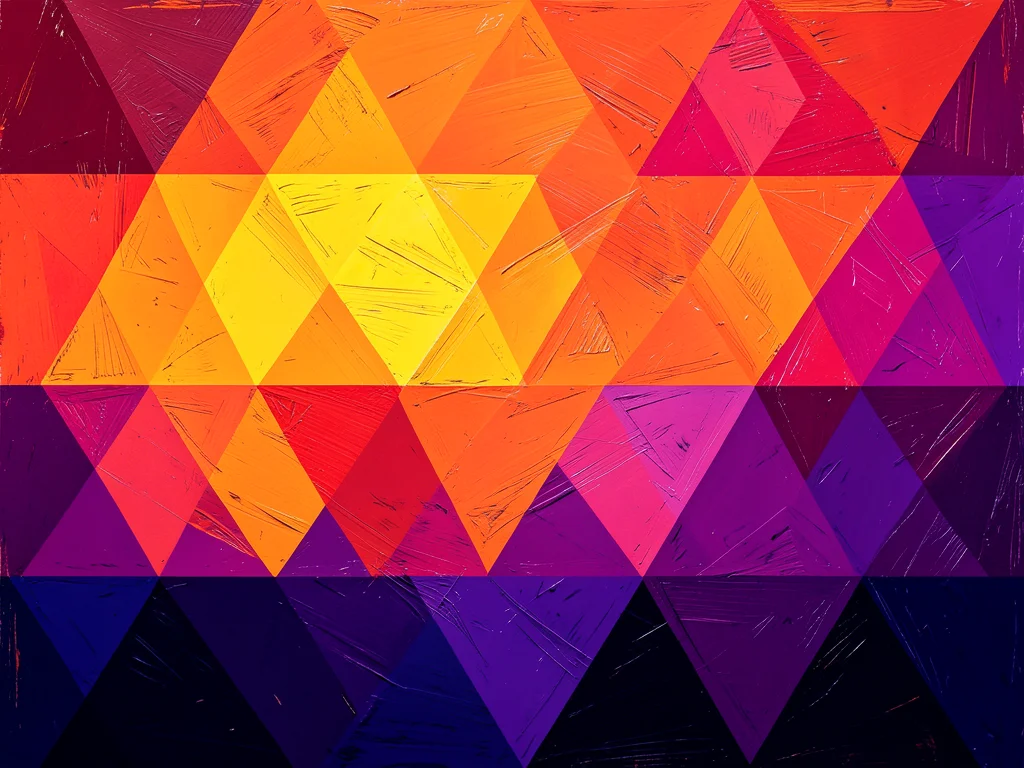 Geometric low-poly triangles in sunset colors, orange through purple gradient