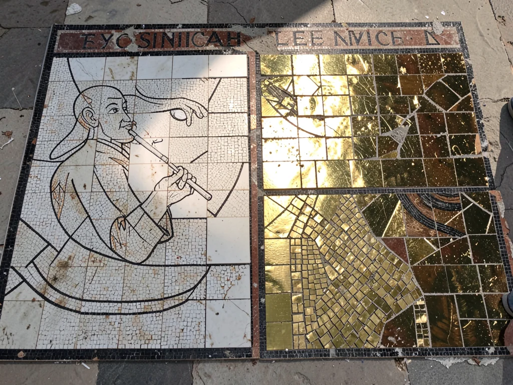 An overhead view of a mosaic in progress — half-set tiles, cartoon lines showing