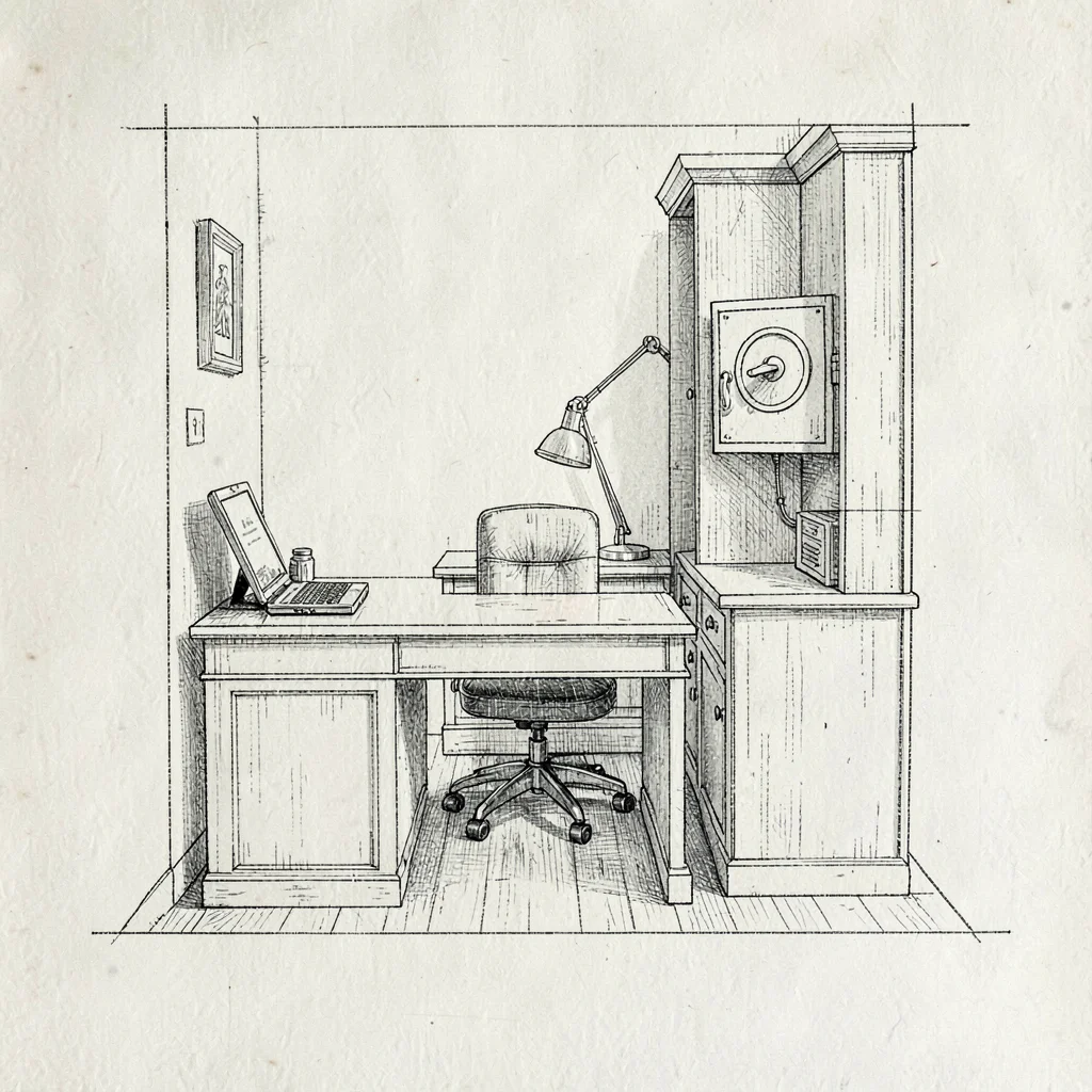 Architectural plan view of a small treasurer's office with desk and safe, slate 