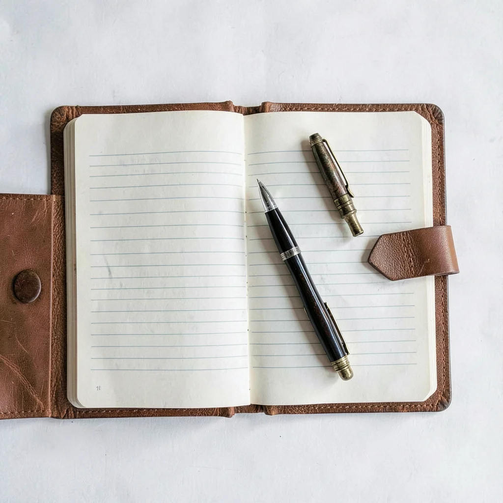 Flat lay of a leather portfolio open to a blank lined page with a vintage pen ac