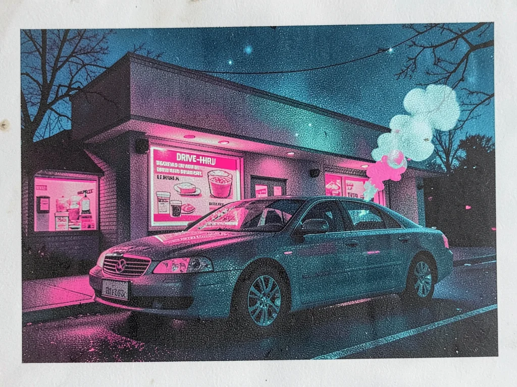 Drive-thru menu lit at twilight with a sedan idling and exhaust steaming in the 