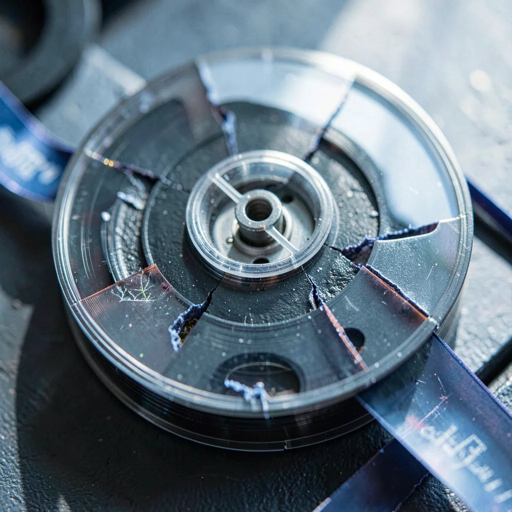 Tight macro of a cassette tape spool with deep mineral fissures, magnetic ribbon