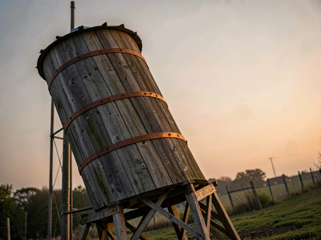 A leaning wooden water tower's iron banding glows faintly amber in the last sodi