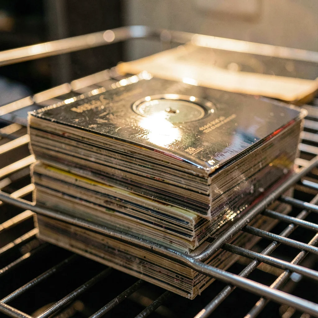 Macro of a cooling rack with stacked LPs still warm, edge gloss reflecting overh