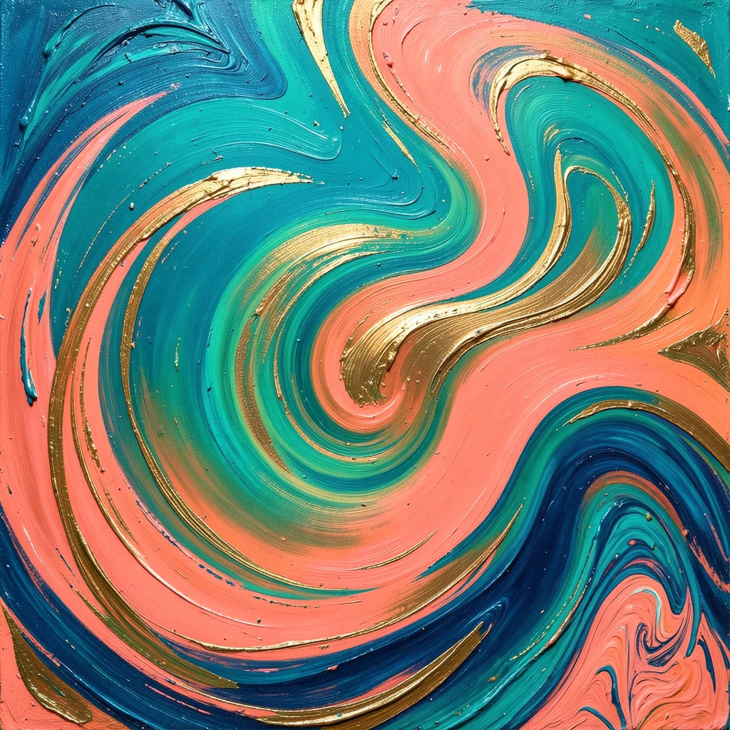Swirling gradient of teal, coral, and gold, fluid and organic texture