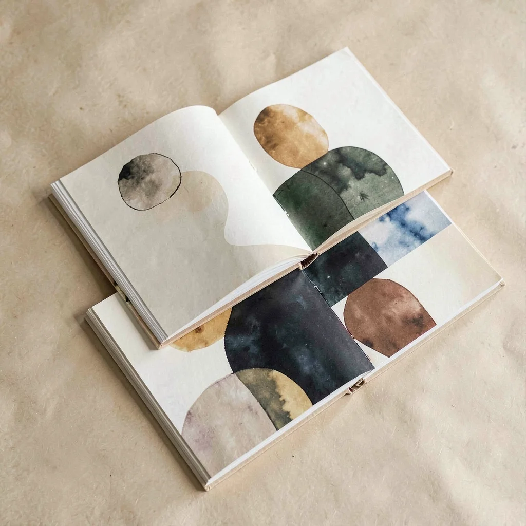 An illustration-portfolio printed-zine mockup with three zines stacked at varyin