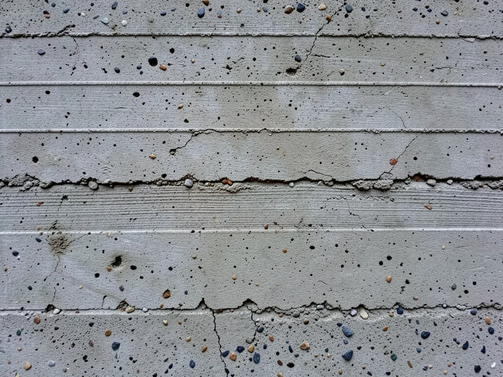 Board-formed concrete wall, wood grain texture transferred perfectly into grey c