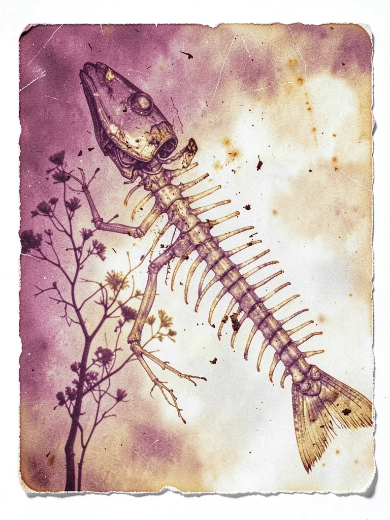 Sardine skeleton anatomical study, tiny bones detailed, lumen print decay aesthe
