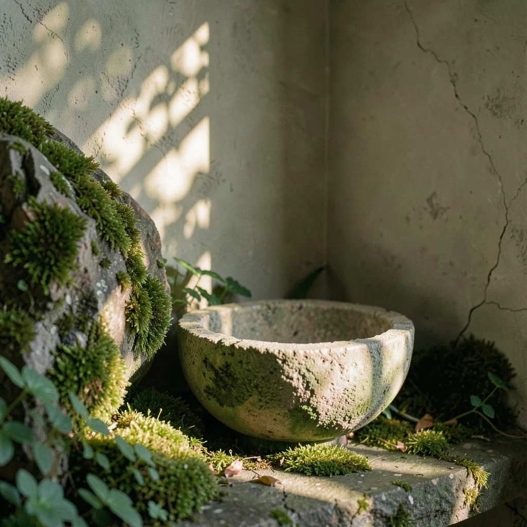 Hushed corner with a stone basin and moss-covered rock, soft green-gold dappled 