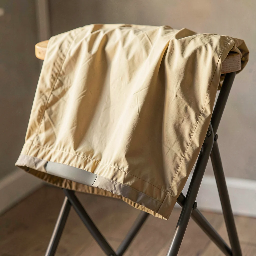Warm-toned garment portrait of a packable rain shell in faded butter, draped ove