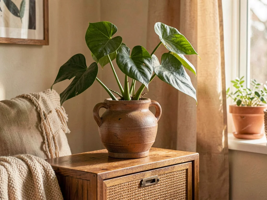Warm lifestyle of a planted philodendron in a hand-thrown pot on a cozy living r