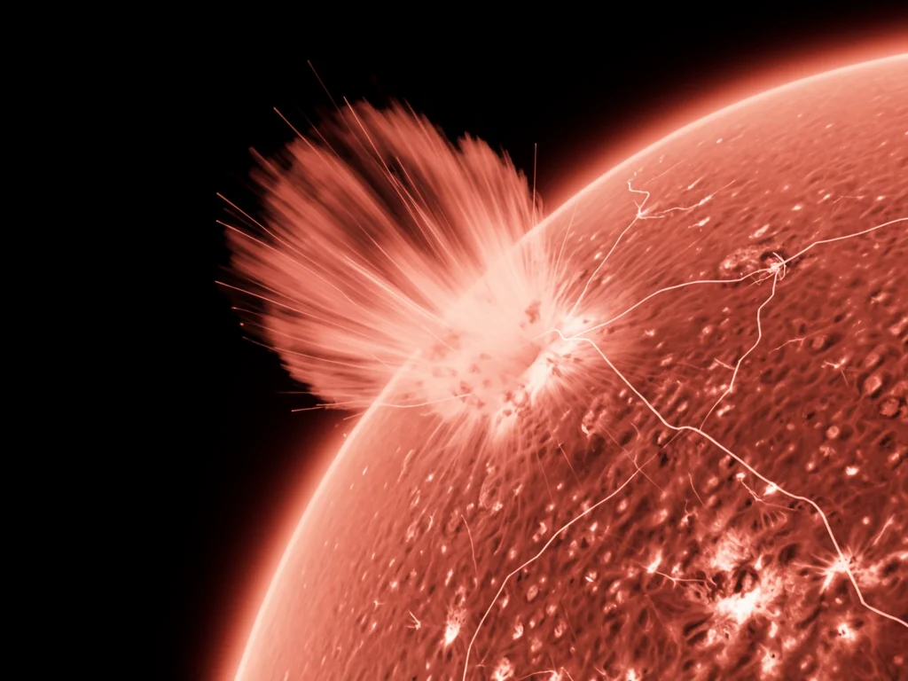 CME (coronal mass ejection) leaving the sun, massive plasma cloud separating fro
