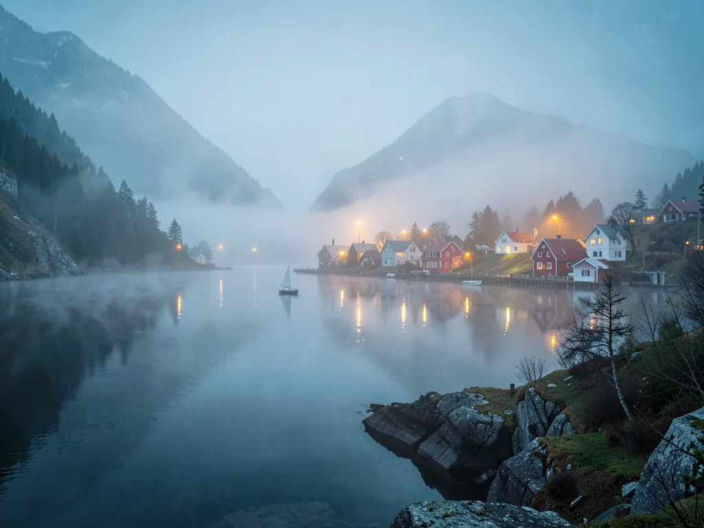 Village lights glowing through morning mist
