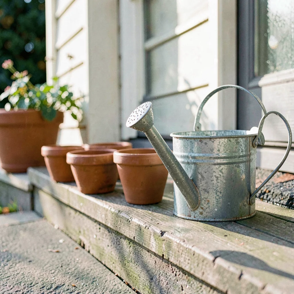 A tin watering can beside a row of small clay pots on a porch step at clear morn