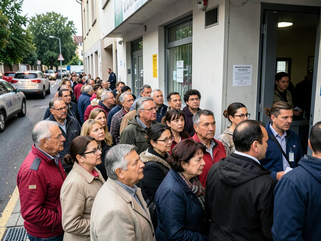 Crowd outside a polling station, queue extending around the corner, a mix of age