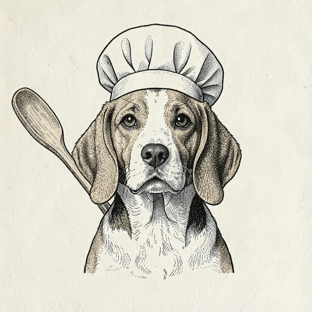 Pen-ink character study of a beagle wearing a baker's hat with a wooden spoon, e