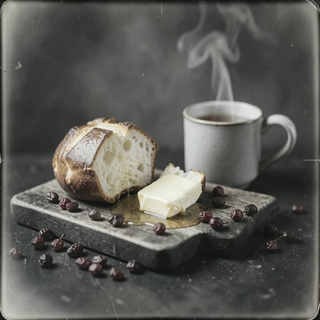 A hot cross bun torn in half on a wooden board, a pat of butter melting into the