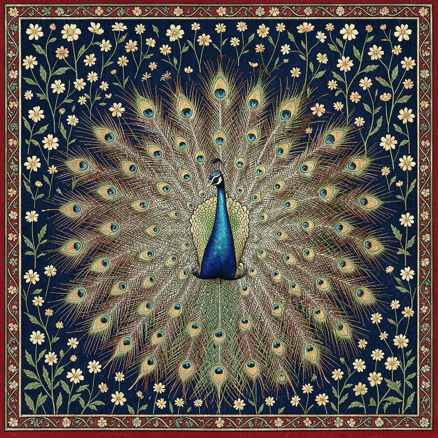 Peacock Displaying Tail on Blue Millefleur