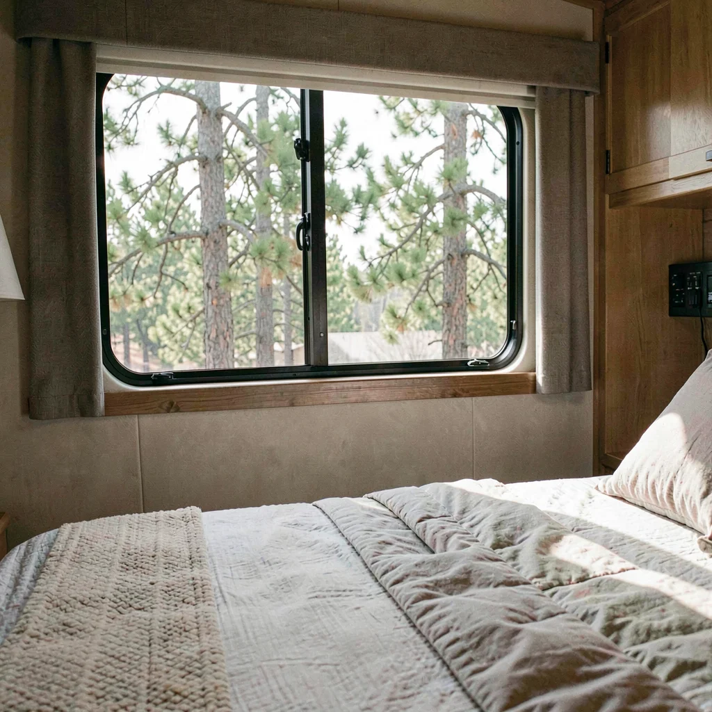 Photo of an RV interior with a window framing pine trees, soft daylight on the b
