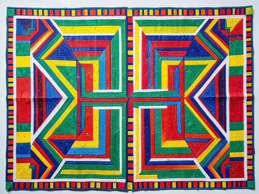 Beaded apron (jocolo) laid flat — dense geometric rows of beadwork, studio top-d