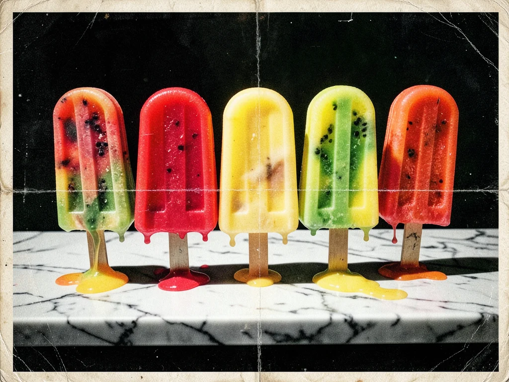 Popsicles in row on marble counter, melting slightly, fruit flavors