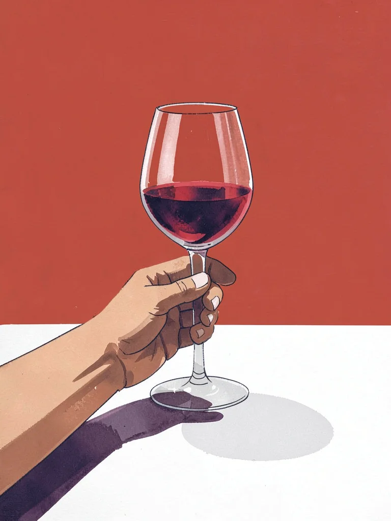 Hand holding a glass of wine, tablecloth in flat white, background warm red