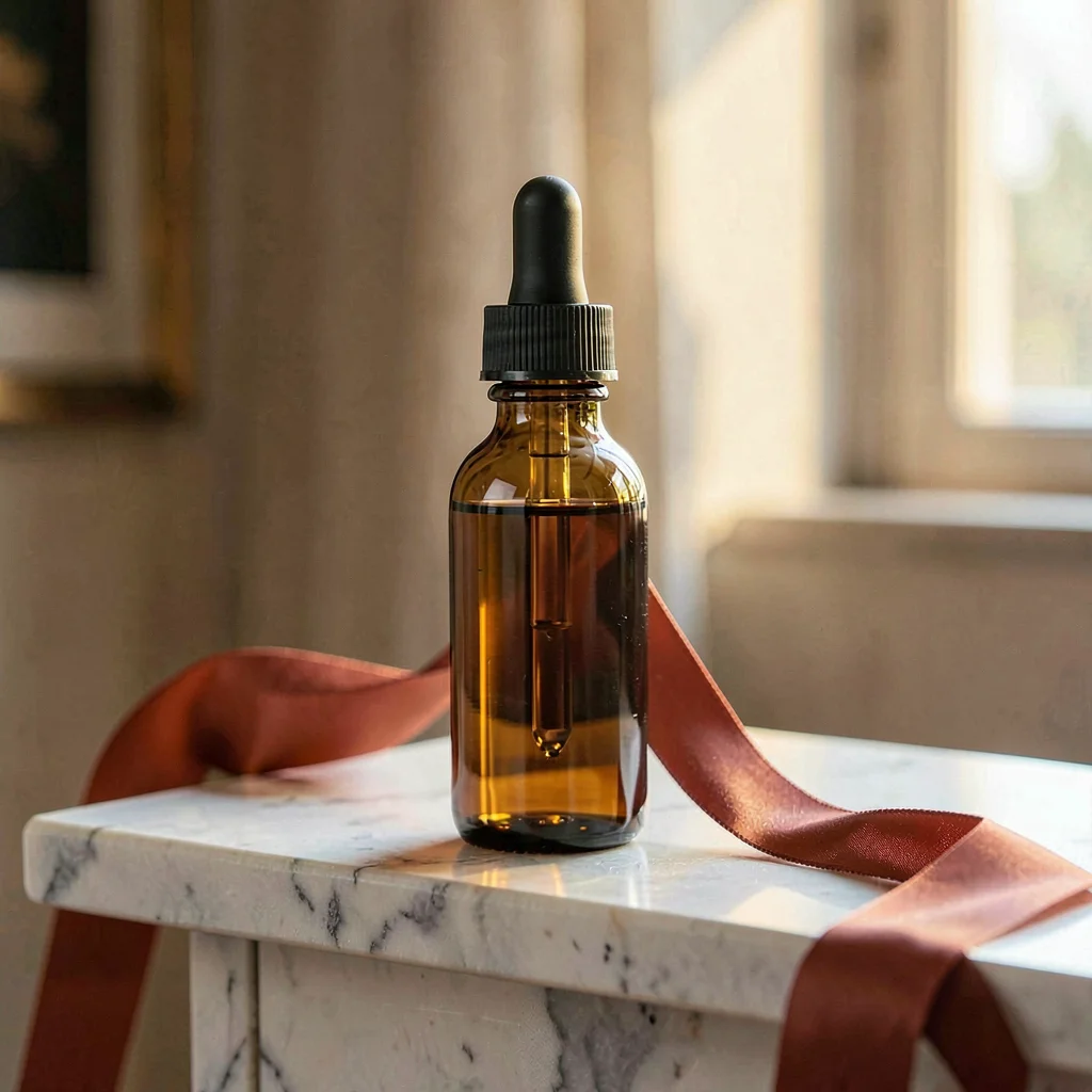 Warm vertical of a tall amber glass dropper bottle on a marble ledge with a silk
