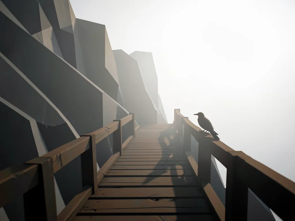 Wooden footbridge spanning a misty chasm with jagged lowpoly cliffs receding int