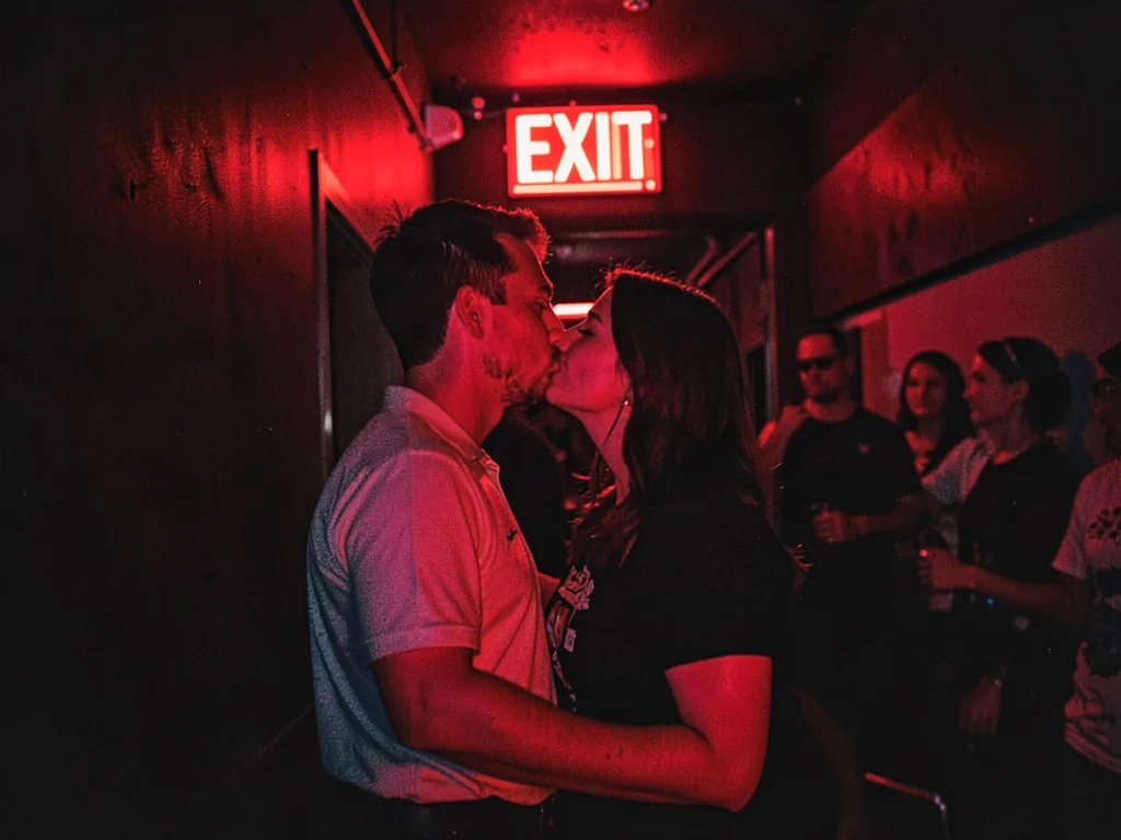 Couple kissing under red EXIT sign glow at club, the romantic escape route, bass