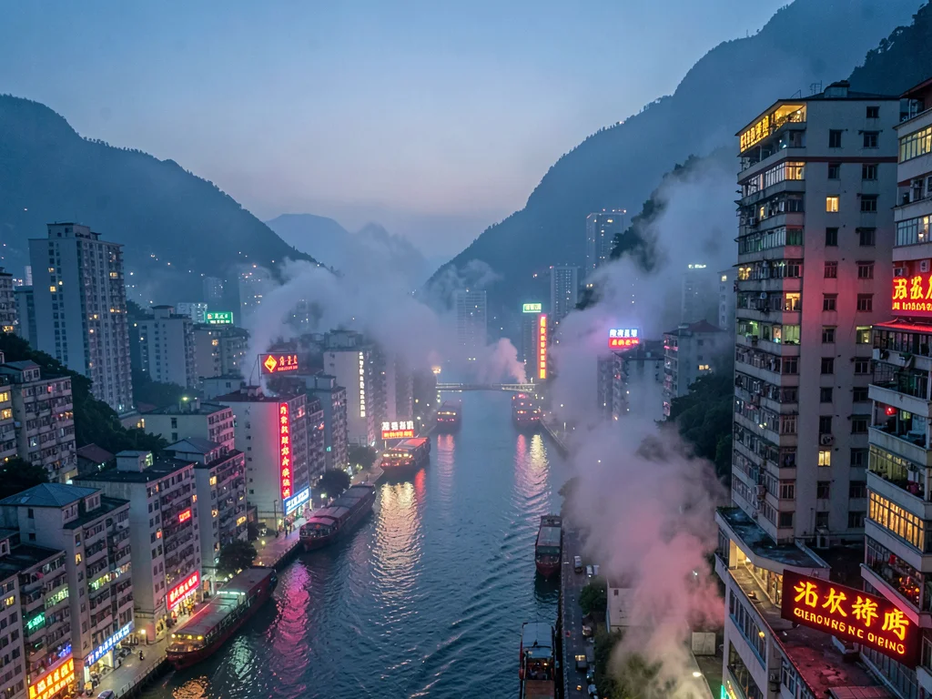 Yangtze River twilight with cargo ships