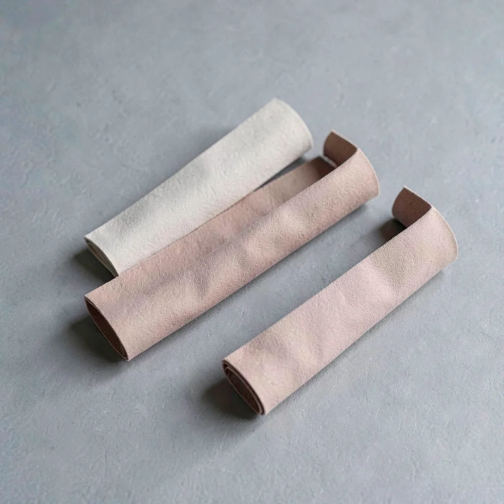Sculptural paper composition of three folded fabric-like ribbons in muted blush 