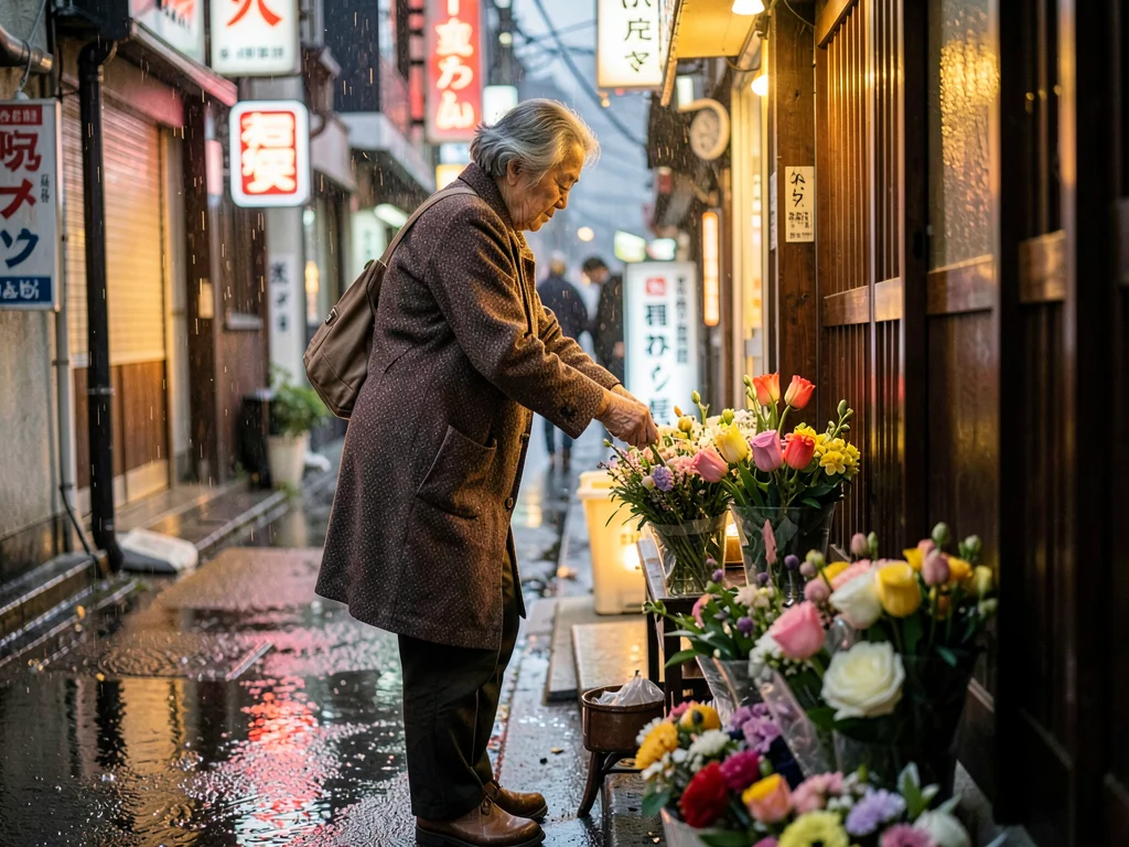 Elderly woman arranging flowers outside her narrow shop front, morning light on 