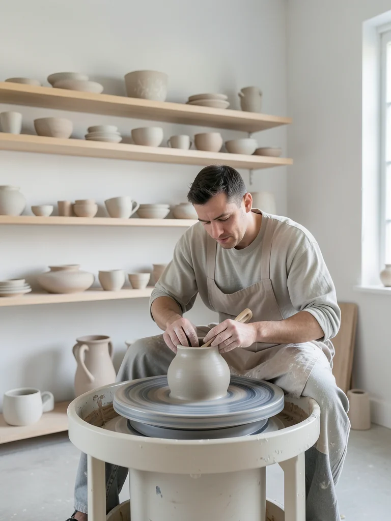 Ceramicist shaping pottery wheel in home studio, shelves of finished pieces behi