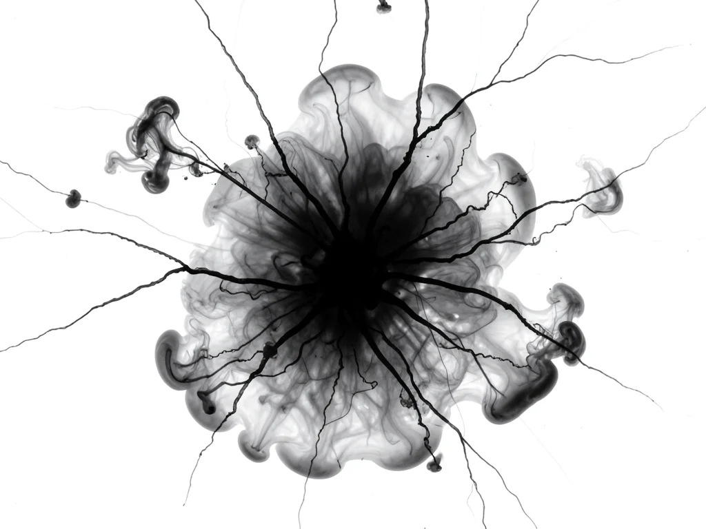 Sumi black ink in late diffusion stage, vast soft cloud with ghostly wisps at ed