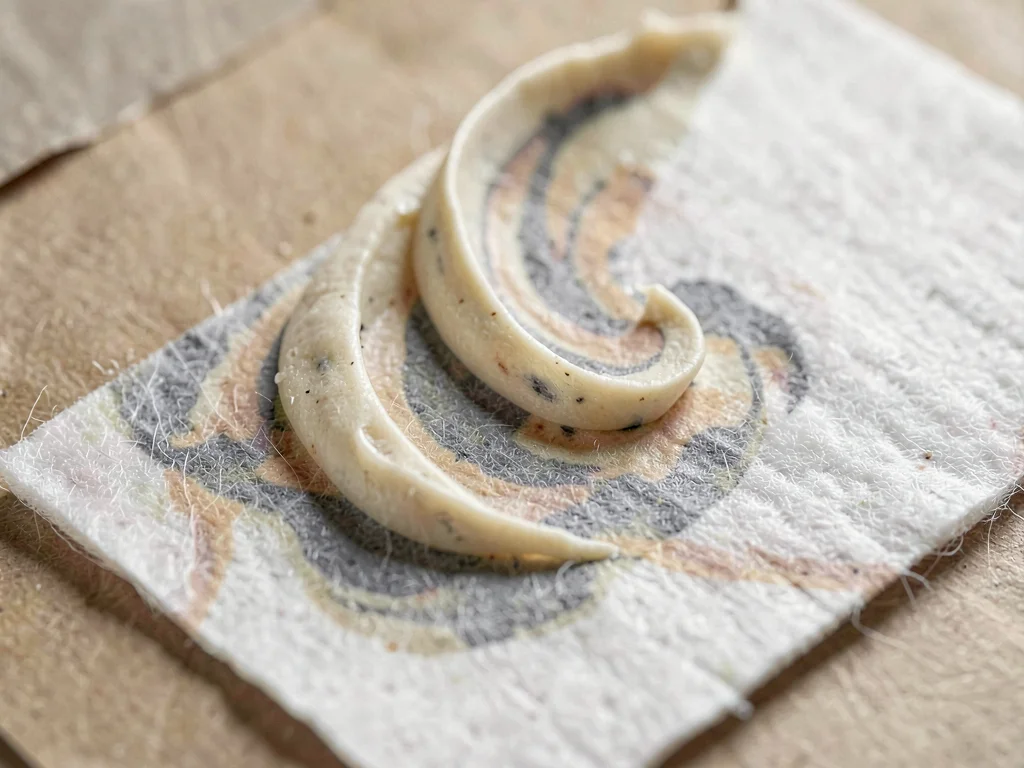 Marbled paste eddy unfurling across cotton blotter in a slow spiral of cream cre