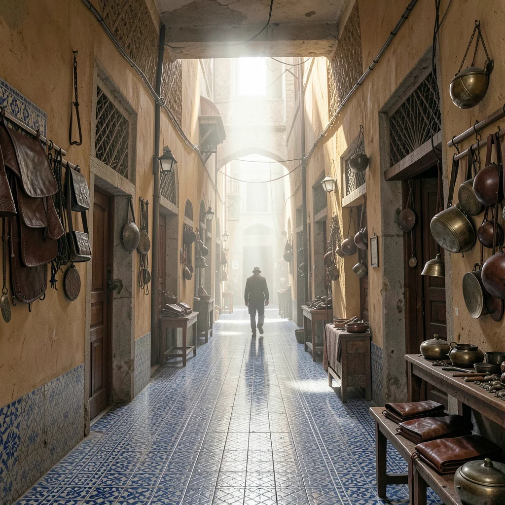 Fes medina light penetration, souk depth, narrow alley with blue and white tiles