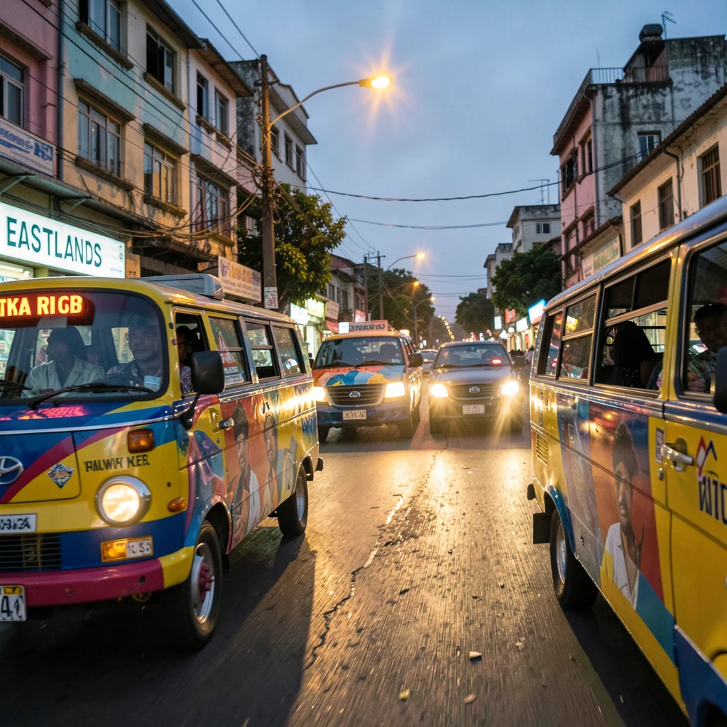 Kinetic Nairobi street energy, panned motion blur with sharp details, Matatu rou