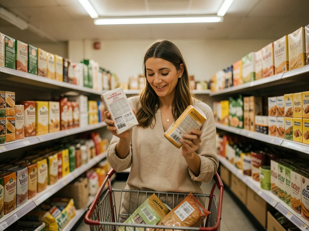 A person comparing two products in a grocery aisle, one in each hand held at eye